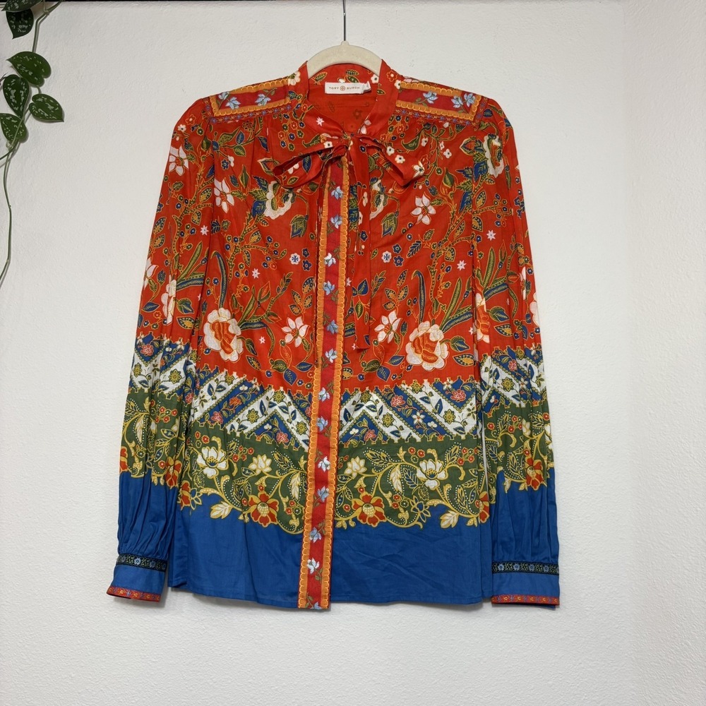 Tory Burch Excellent Cndtn Hicks Garden Kia Bow Cotton Blouse S 6 Boho Eclectic